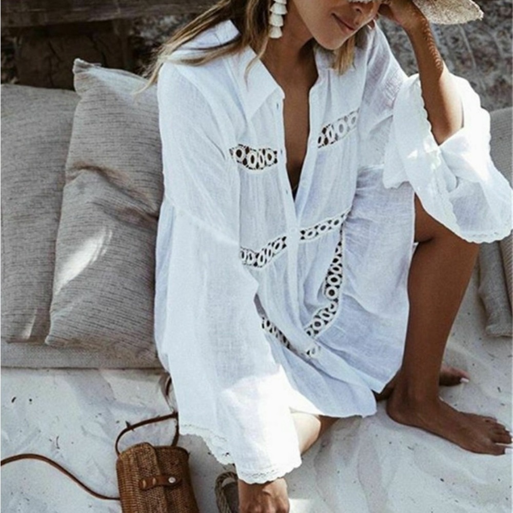 Boho White Cotton Button Up Tunic Top Lace Cover Up 🐚